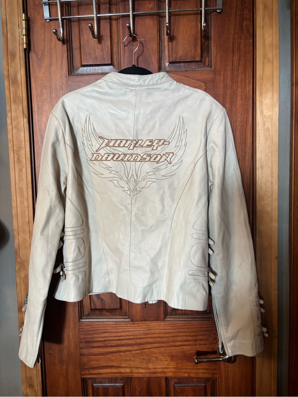 Harley-Davidson Women's Light Cream Leather Biker Jacket with Embroidered Back
